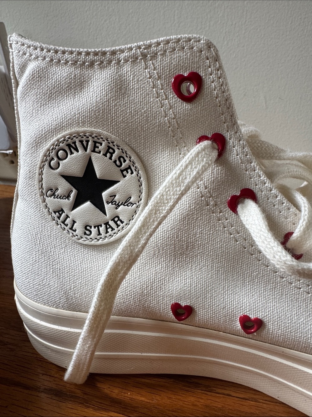 Converse limited edition Valentine’s Day White High Top with Red Heart Grommets
